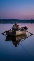 Grandfather and grandson fishing together in wooden boat on calm lake during sunset with purple sky reflection creating peaceful family bonding moment.