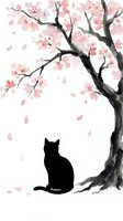 Cat silhouette sitting beneath blooming cherry tree with falling petals on white background. Isolated artwork suitable for wall decor, prints, and design projects.