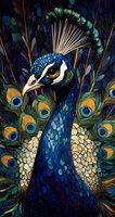 Majestic peacock portrait with vibrant blue feathers and ornate plumage against dark background, artistic style with detailed textures and rich jewel tones.