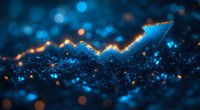 Glowing blue arrow rises through sparkling particles against dark background with orange and blue bokeh lights, representing business growth and success.