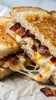 Grilled cheese sandwich with crispy bacon and melted cheddar on golden toasted bread, comfort food lunch meal ready to eat on parchment paper.