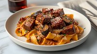 Tender braised short rib ragu served over wide pappardelle pasta with fresh herbs and parmesan cheese on white ceramic plate, rich tomato sauce.