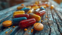 Colorful pharmaceutical capsules and tablets scattered on rustic wooden surface, showcasing variety of medication forms in red, blue, orange, and yellow.