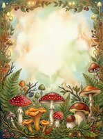 Ornate forest floor border featuring red toadstools, mushrooms, ferns and berries with watercolor background, suitable for invitations and stationery design.