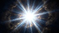 Brilliant white star burst with radiant light beams extending through cosmic space filled with sparkling stardust and nebula clouds against dark universe.