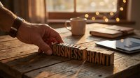 Hand arranging wooden letter blocks spelling business consultant on rustic desk with warm lighting and office supplies in background for professional services.