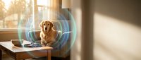 Golden retriever sitting at desk with laptop, surrounded by glowing digital waves and light effects, representing technology, artificial intelligence, and modern connectivity in home office setting.