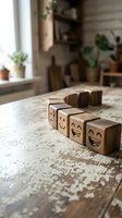 Wooden blocks with carved emoji faces showing emotion progression on a rustic table, cozy interior background with plants and natural light.