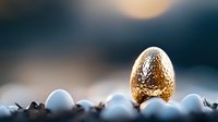 Golden egg stands out among white eggs on dark background with soft bokeh effect, symbolizing uniqueness, success and financial growth concept.