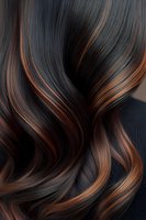 Close-up of dark brown hair with copper balayage highlights showing soft waves and glossy texture, demonstrating professional hair coloring technique.