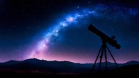 Silhouette of telescope against purple and blue night sky with bright Milky Way galaxy arc over mountain landscape. Stargazing and astronomy concept.