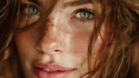 Close-up portrait of young Caucasian woman with freckles and green eyes, natural beauty concept for skincare and cosmetics advertising campaigns.