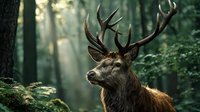 Majestic red deer stag with large antlers in misty forest at dawn, sunbeams filtering through trees creating atmospheric woodland scene.