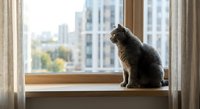 Gray tabby cat sitting on windowsill looking outside at urban cityscape with buildings and trees, natural light streaming through window curtains.