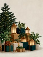 Festive holiday display with illuminated wooden lanterns, wrapped gift boxes, evergreen tree and natural greenery arrangement on neutral background.