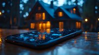 Smartphone with water drops reflecting glowing house windows at dusk, creating magical atmosphere with bokeh lights and cozy evening ambiance.