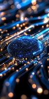 Abstract digital sphere with glowing blue dots on circuit board background with golden light effects, representing advanced technology concept.
