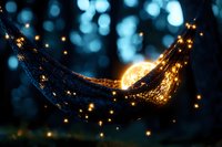 Glowing moon nestled in delicate spider web with magical bokeh lights and sparkles against dark blue background, creating ethereal nighttime atmosphere.