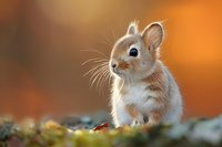 Adorable baby rabbit with light brown fur sitting on mossy ground against warm orange autumn background, showcasing its long whiskers and alert expression.