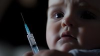 Close-up portrait of Caucasian baby face with medical syringe in dark dramatic lighting, representing childhood vaccination and healthcare concepts.