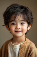 Young Asian child wearing brown cardigan and white t-shirt smiling warmly at camera against neutral background. Portrait captures genuine expression and joy.