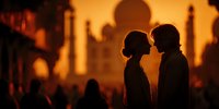 Romantic couple silhouettes against warm sunset backdrop with historic architecture creating intimate moment for wedding and love themed designs.
