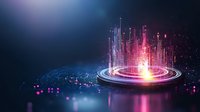 Futuristic digital city hologram with glowing neon lights and energy rings emerging from dark surface, pink and blue technology concept visualization for business background.