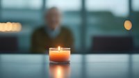 Glowing candle in glass holder on reflective surface creates peaceful ambiance with blurred senior man silhouette in background during evening hours.