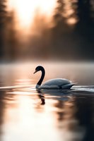 Graceful white swan gliding on misty lake at sunrise, silhouetted against golden morning light with mirror reflection on calm water surface.