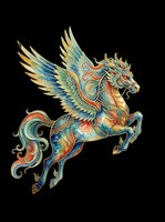 Ornate mythical winged horse with dragon head, golden and teal decorative details, isolated on transparent background. Ready for t-shirts, stickers, sublimation, and print-on-demand designs.