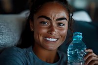 Young mixed race woman with radiant smile holding water bottle in dim lighting, promoting healthy hydration and wellness lifestyle. Natural beauty portrait.