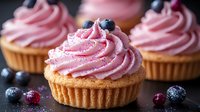 Pink frosted cupcakes decorated with fresh blueberries and sugar sparkles on dark background, selective focus shot for food photography and bakery marketing.