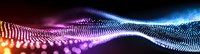 Glowing wave of colorful particles flowing in dark space, digital abstract background with dynamic light dots movement creating futuristic pattern.