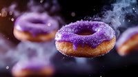 Purple glazed donuts with colorful sprinkles floating in magical smoke against dark background for bakery and dessert advertising concepts.