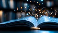 Magical open book with glowing blue light and golden sparkles emerging from pages against dark background, creating mystical atmosphere for fantasy concepts.