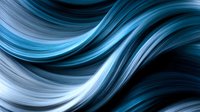 Abstract flowing curves in blue and white create dynamic wave-like pattern with smooth gradients and fluid motion effect against dark background.