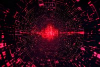 Digital tunnel with glowing red geometric patterns and bright central core for technology and futuristic design projects.