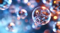 Delicate soap bubble floating in air with magical bokeh lights creating dreamy atmosphere in blue and orange tones, macro photography showing transparent sphere details.