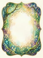 Watercolor botanical frame with ornate golden scrollwork and lush foliage in emerald and purple hues on cream background for wedding invitations.