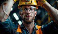 Caucasian male industrial worker wearing safety helmet, glasses and reflective vest adjusts equipment in manufacturing facility. Close up portrait shows confidence.