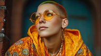 Young fashionable woman with short blonde hair wearing yellow sunglasses and orange hoodie looking up thoughtfully in urban setting with warm lighting.