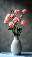 Pink roses in white ceramic vase against dark textured wall background, dramatic side lighting creates moody atmosphere for elegant floral still life composition.