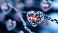 Glowing heart-shaped crystal pendant on chain with soft bokeh background in blue and pink tones creates romantic mood for Valentine's Day or love concept.