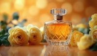 Elegant glass perfume bottle with diamond pattern design surrounded by fresh yellow roses against warm golden bokeh background. Luxury cosmetic concept.