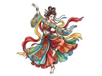 Female figure in traditional East Asian costume with flowing red, gold, and green robes, ornate headdress, and dynamic pose. Isolated clipart suitable for design projects, textiles, and cultural artwork applications.