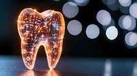 Glowing tooth shape with sparkling lights inside against blurred bokeh background, dental care concept for healthcare and medical presentations.