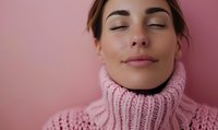 Young woman with closed eyes wearing cozy pink turtleneck sweater against matching pink background, expressing serenity and contentment.