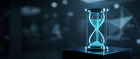 Digital hourglass with glowing blue sand particles floating in futuristic holographic display representing time management and technology concepts.