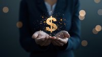 Glowing golden dollar sign floating above cupped hands with magical sparkles and bokeh lights in dark background, representing financial success and wealth management.