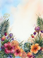 Watercolor tropical floral frame with hibiscus, iris, palm leaves, and exotic fruits on a light background with copy space.
